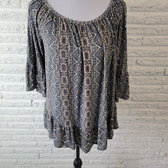 Style Co Womens Top 0X 3/4 Bell Sleeve On Off Shoulder Green Pink GEO29E - Picture 3 of 10